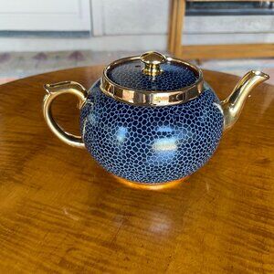 Farmhouse 1960s English Gibson Stoneware Blue Geometrics & Gold Trim Loex Teapot
